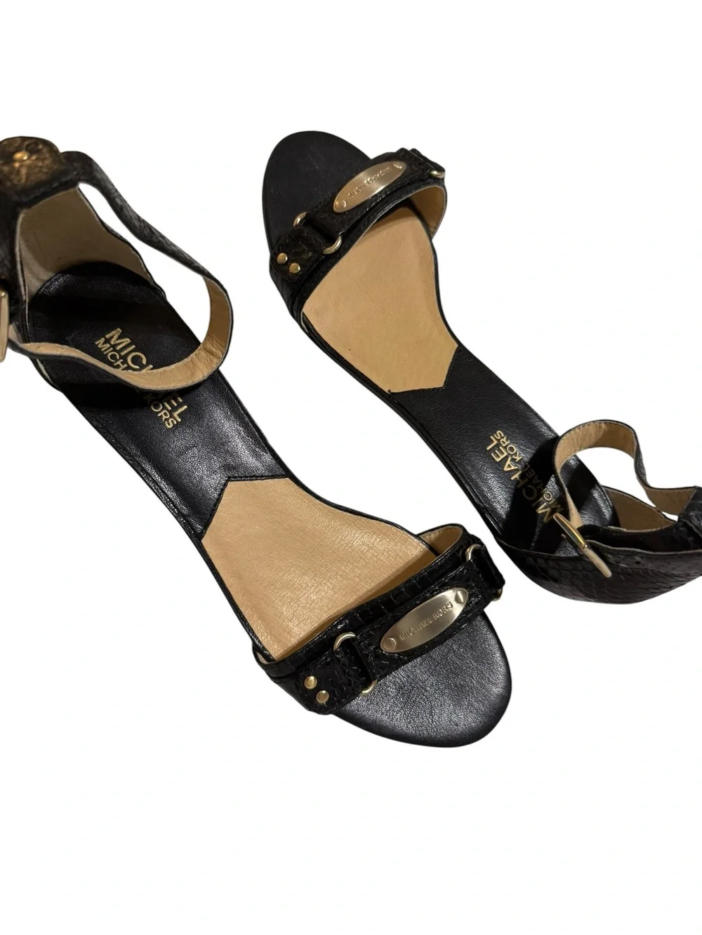 Michael Kors Black Wedge Sandals with Gold Plaque